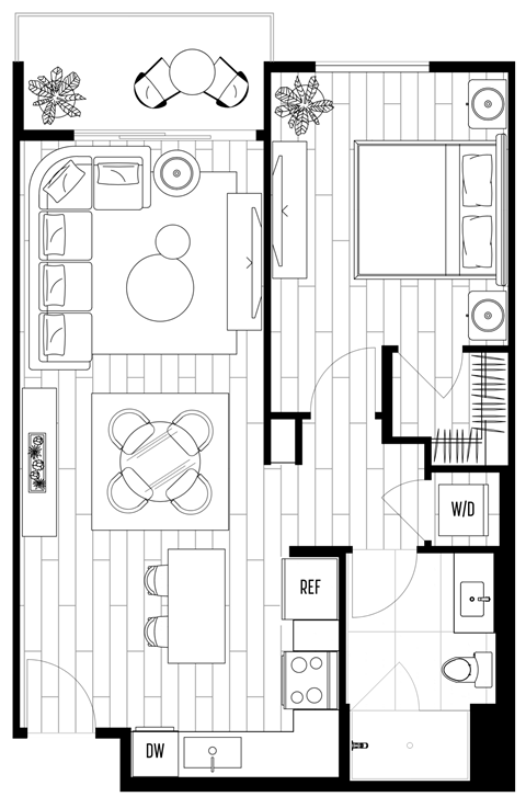 Floor plan for 1 bed, 1 bath, 758 sqft